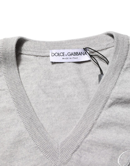 Dolce &amp; Gabbana – Grauer Pullover aus Wollstrick mit Logo und V-Ausschnitt