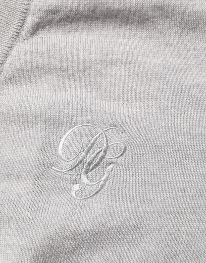 Dolce &amp; Gabbana – Grauer Pullover aus Wollstrick mit Logo und V-Ausschnitt
