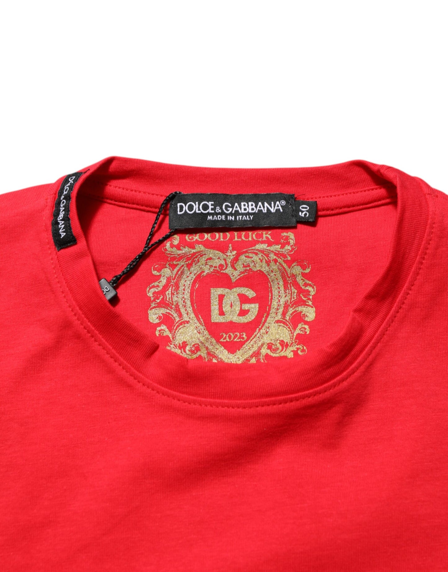 Dolce &amp; Gabbana Rotes Goodluck 2023 Baumwoll-T-Shirt mit Rundhalsausschnitt