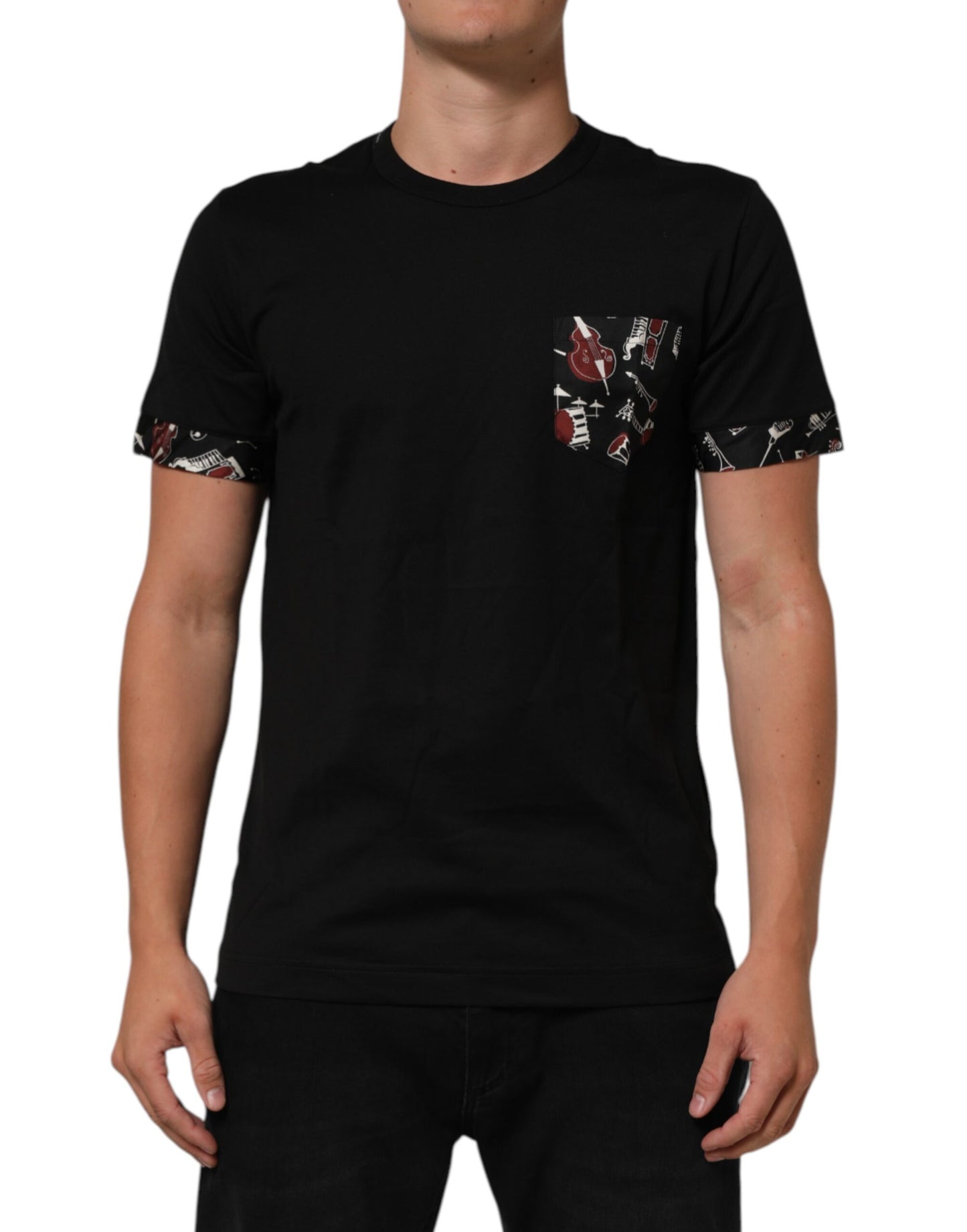 Dolce &amp; Gabbana Schwarzes Baumwoll-T-Shirt mit Rundhalsausschnitt und Musikdruck