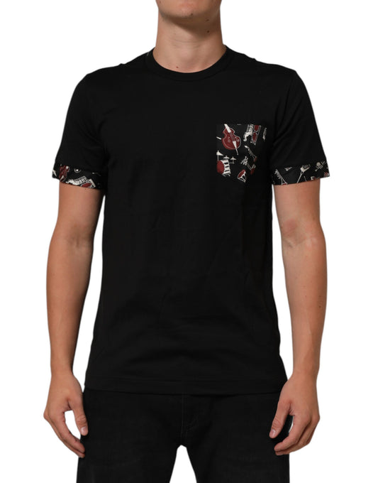 Dolce &amp; Gabbana Schwarzes Baumwoll-T-Shirt mit Rundhalsausschnitt und Musikdruck