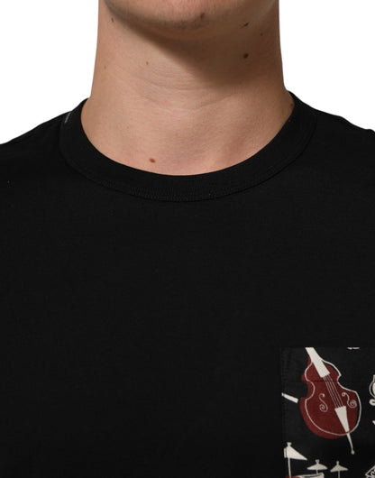 Dolce &amp; Gabbana Schwarzes Baumwoll-T-Shirt mit Rundhalsausschnitt und Musikdruck