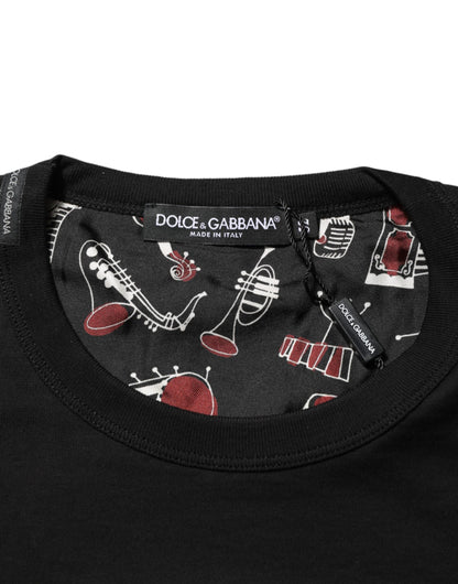 Dolce &amp; Gabbana Schwarzes Baumwoll-T-Shirt mit Rundhalsausschnitt und Musikdruck