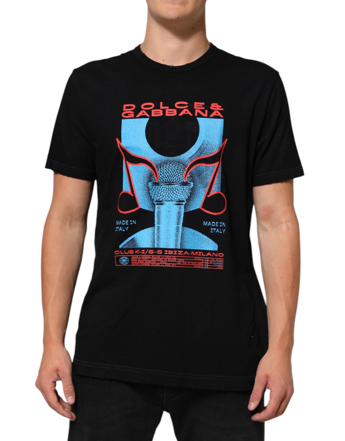 Dolce &amp; Gabbana Schwarzes Baumwoll-T-Shirt mit Rundhalsausschnitt und Musikdruck