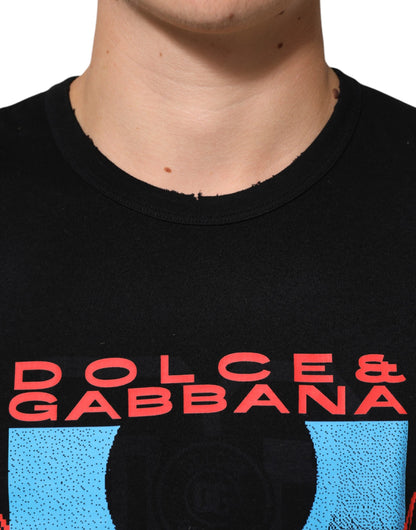 Dolce &amp; Gabbana Schwarzes Baumwoll-T-Shirt mit Rundhalsausschnitt und Musikdruck