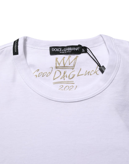 Dolce &amp; Gabbana Weißes Goodluck 2021 Baumwoll-T-Shirt mit Rundhalsausschnitt