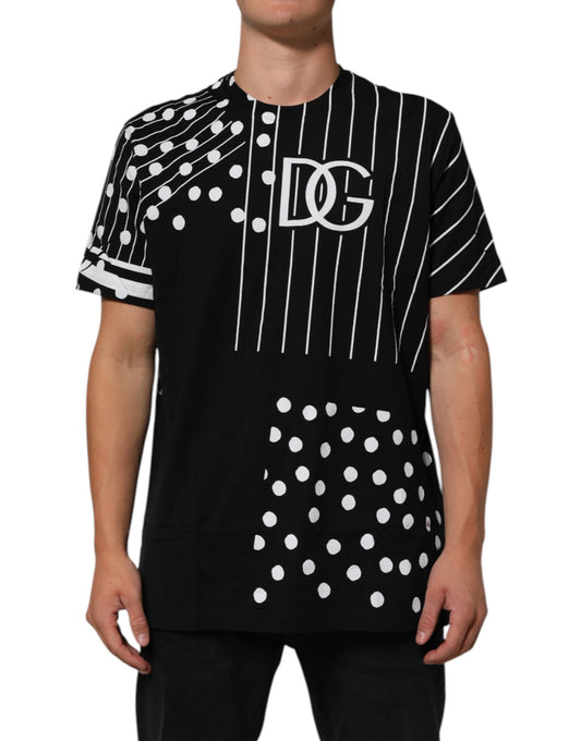 Dolce & Gabbana – Schwarzes T-Shirt aus Baumwolle mit Polka Dots und Rundhalsausschnitt