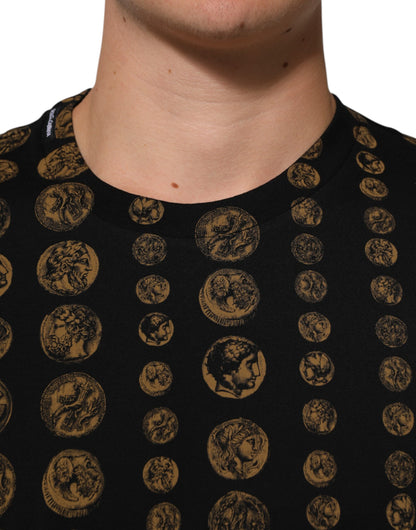 Dolce &amp; Gabbana – Schwarzes Baumwoll-T-Shirt mit Rundhalsausschnitt und Münzdruck