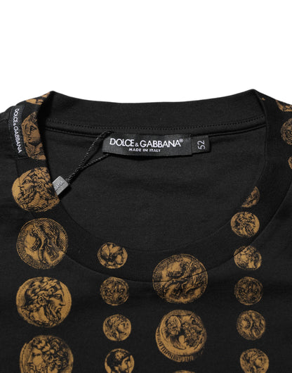 Dolce &amp; Gabbana – Schwarzes Baumwoll-T-Shirt mit Rundhalsausschnitt und Münzdruck