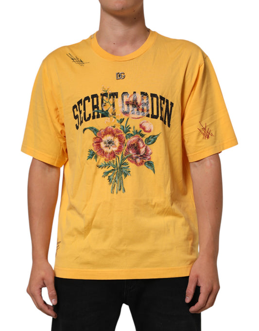 Dolce & Gabbana Gelbes T-Shirt mit Rundhalsausschnitt aus geblümter Baumwolle „Secret Graden“
