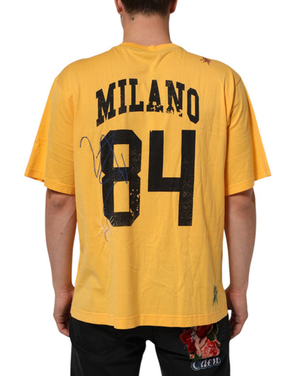 Dolce &amp; Gabbana Gelbes T-Shirt mit Rundhalsausschnitt aus geblümter Baumwolle „Secret Graden“