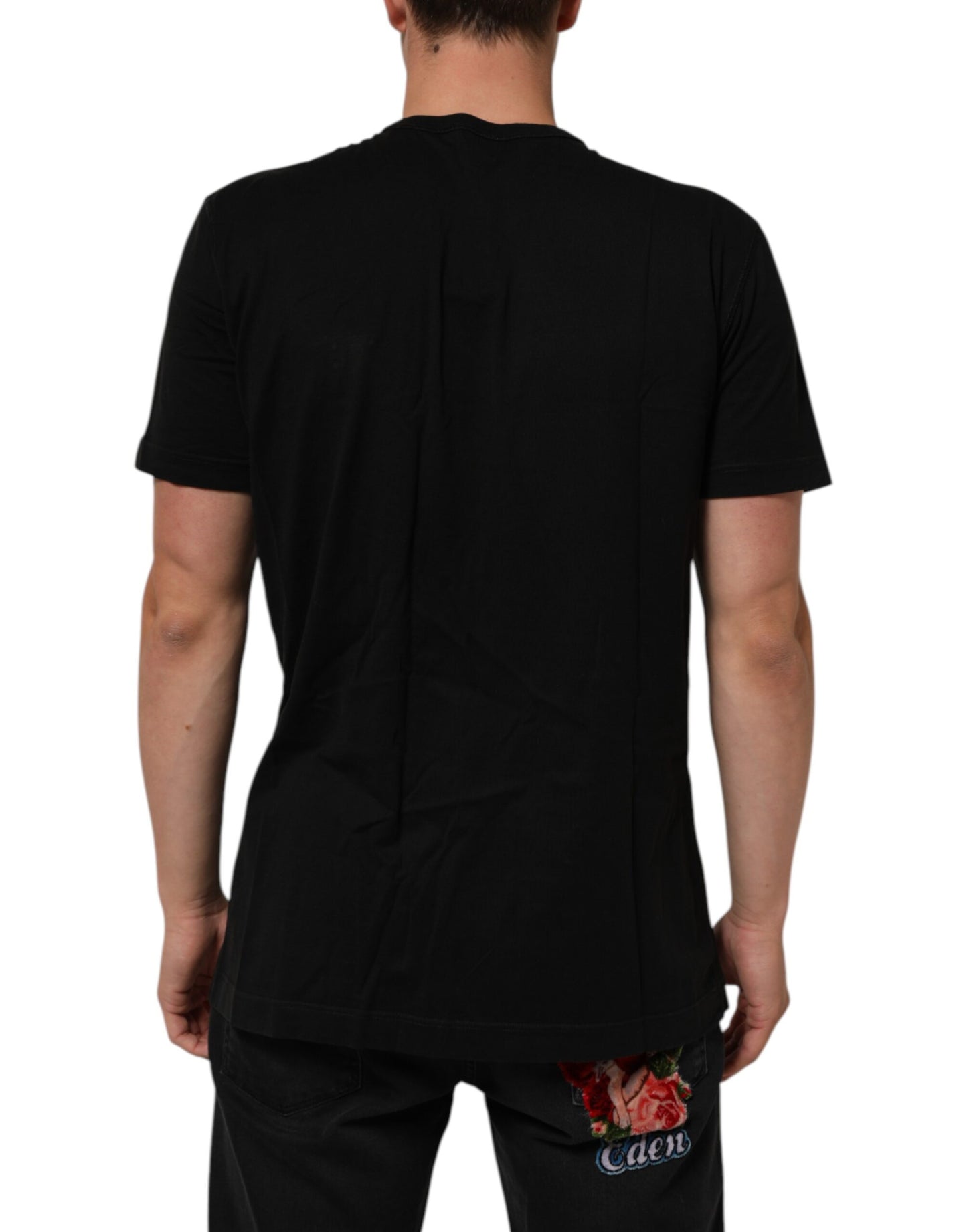 Dolce &amp; Gabbana – Schwarzes Baumwoll-T-Shirt mit Rundhalsausschnitt und Logo-Plakette