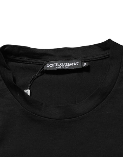 Dolce &amp; Gabbana – Schwarzes T-Shirt aus Baumwolle mit Logo-Patch und Rundhalsausschnitt für Herren
