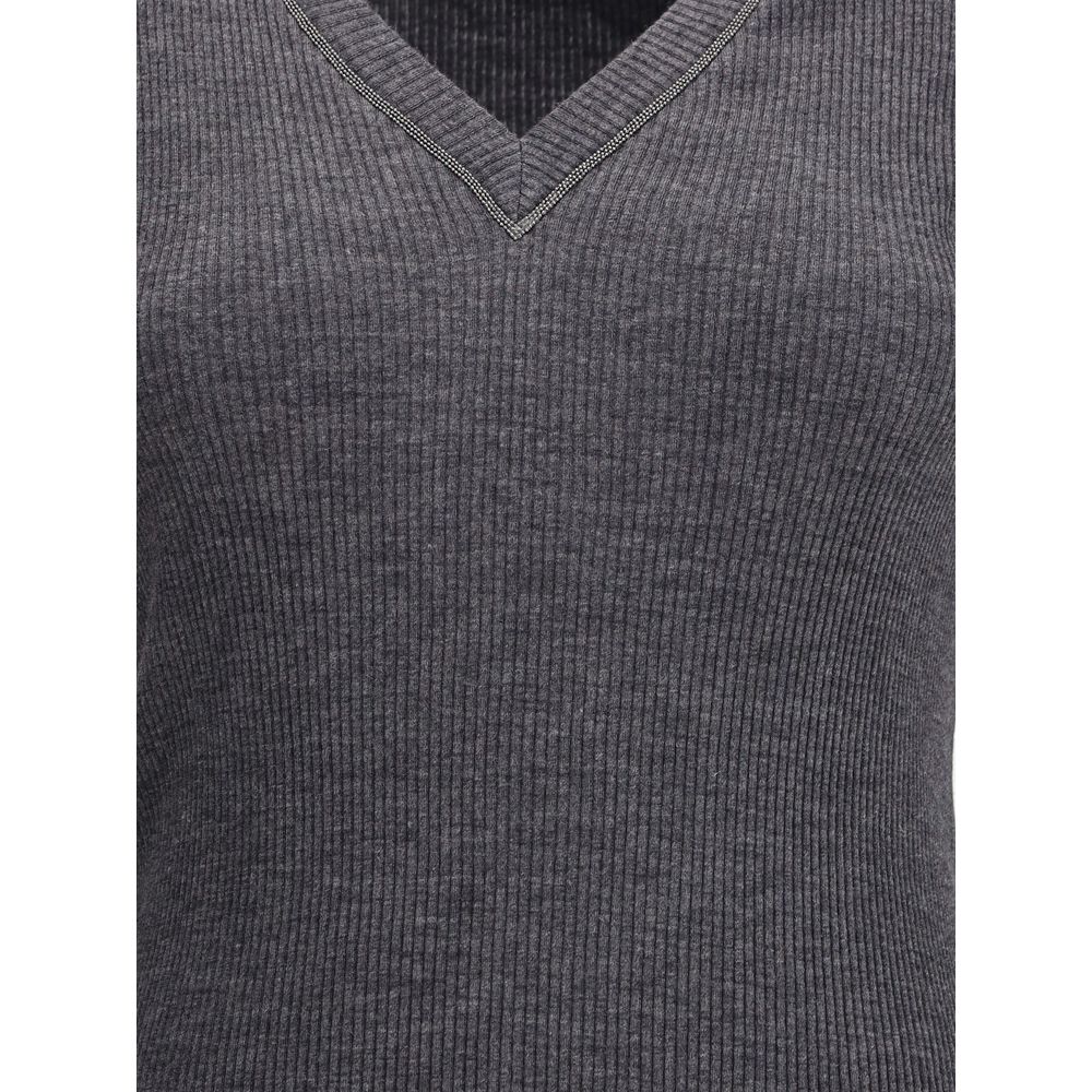 Brunello Cucinelli Langärmliges T-Shirt aus geripptem Wolljersey mit glänzendem Besatz