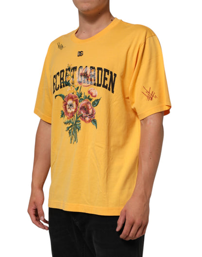 Dolce &amp; Gabbana Gelbes T-Shirt aus Baumwolle mit Rundhalsausschnitt und Blumenmuster „Secret Graden“