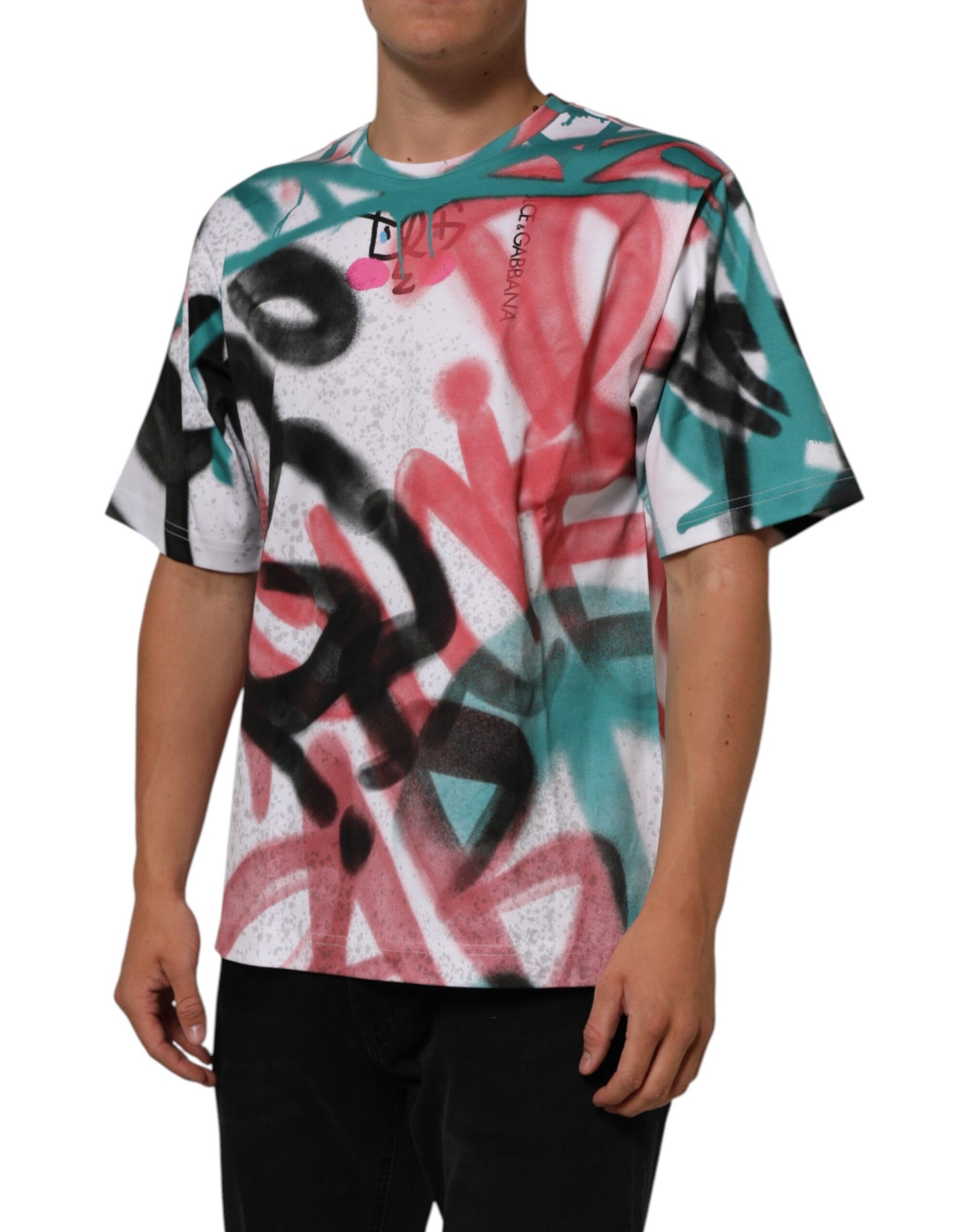 Dolce &amp; Gabbana – Weißes T-Shirt mit Rundhalsausschnitt und kurzen Ärmeln und Graffiti-Print