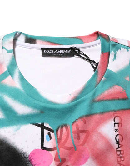 Dolce &amp; Gabbana – Weißes T-Shirt mit Rundhalsausschnitt und kurzen Ärmeln und Graffiti-Print