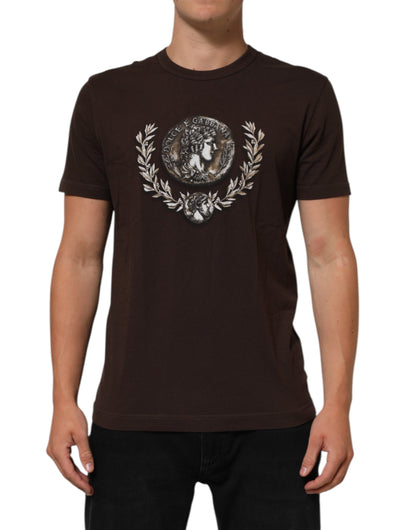 Dolce &amp; Gabbana – Braunes T-Shirt mit Rundhalsausschnitt und Lorbeer-Print für Herren