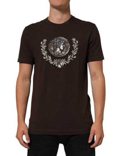 Dolce &amp; Gabbana – Braunes T-Shirt mit Rundhalsausschnitt und Lorbeer-Print für Herren