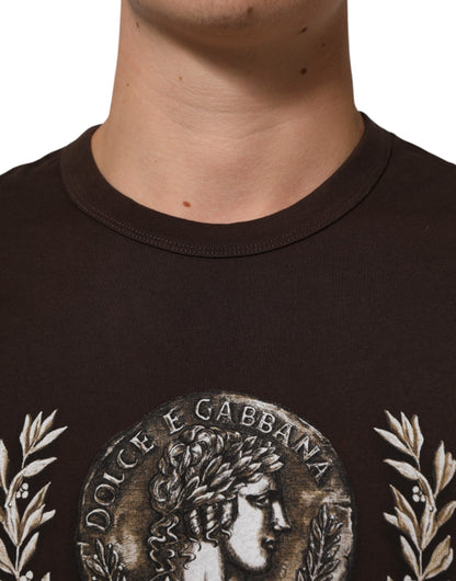 Dolce &amp; Gabbana – Braunes T-Shirt mit Rundhalsausschnitt und Lorbeer-Print für Herren
