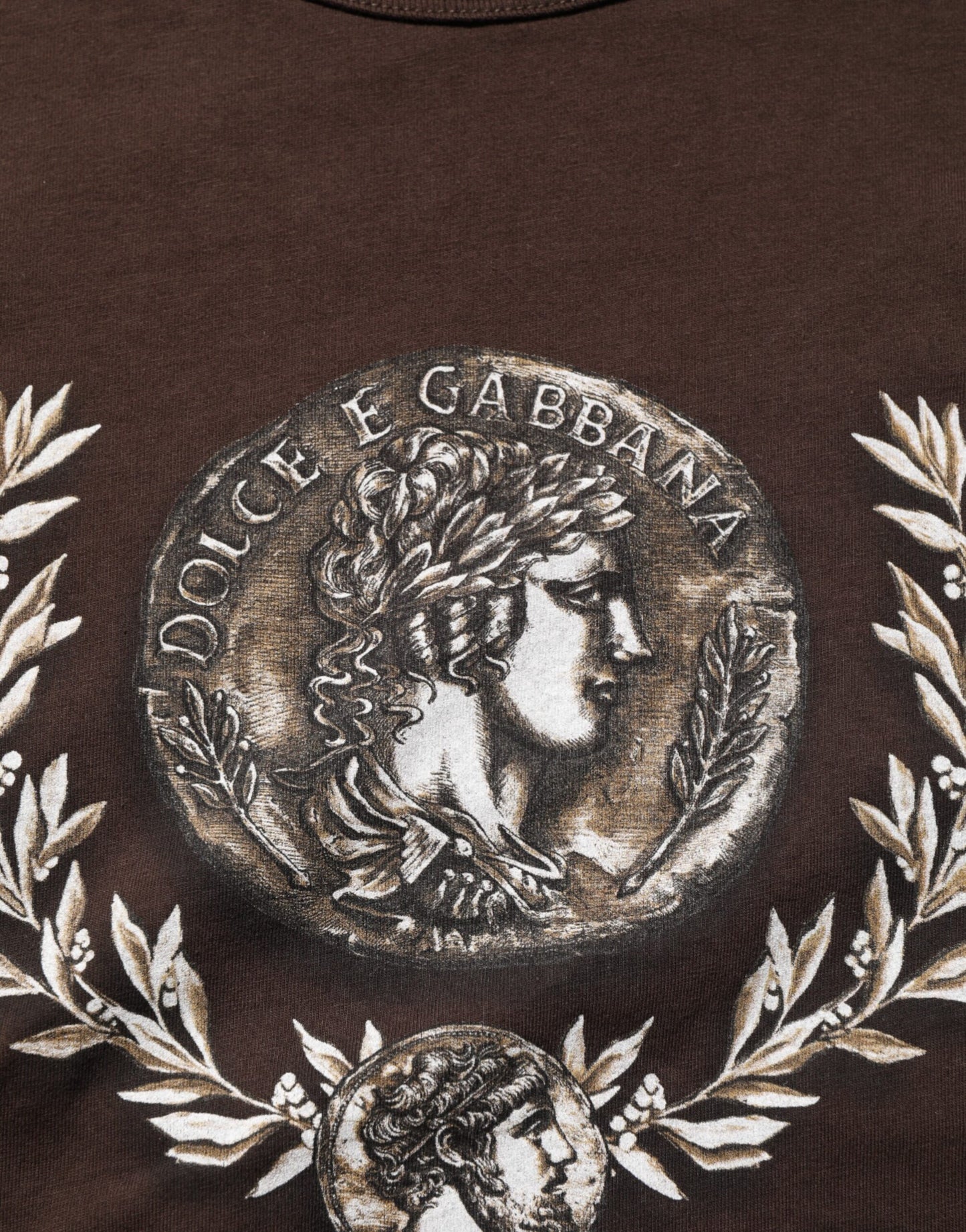 Dolce &amp; Gabbana – Braunes T-Shirt mit Rundhalsausschnitt und Lorbeer-Print für Herren