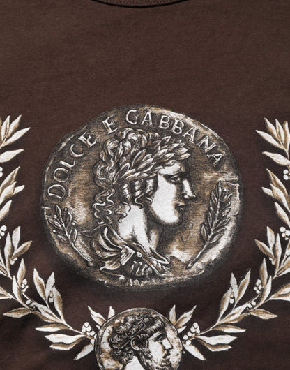 Dolce &amp; Gabbana – Braunes T-Shirt mit Rundhalsausschnitt und Lorbeer-Print für Herren