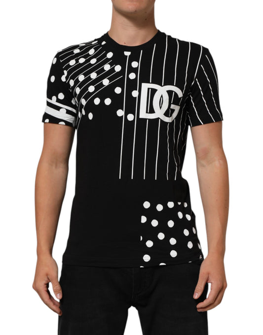Dolce &amp; Gabbana – Schwarzes T-Shirt aus Baumwolle mit Polka Dots und Rundhalsausschnitt