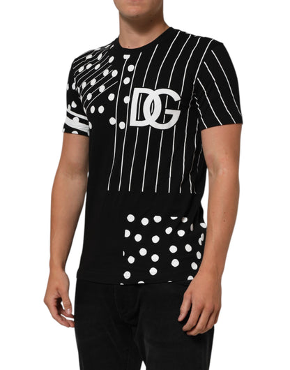 Dolce &amp; Gabbana – Schwarzes T-Shirt aus Baumwolle mit Polka Dots und Rundhalsausschnitt