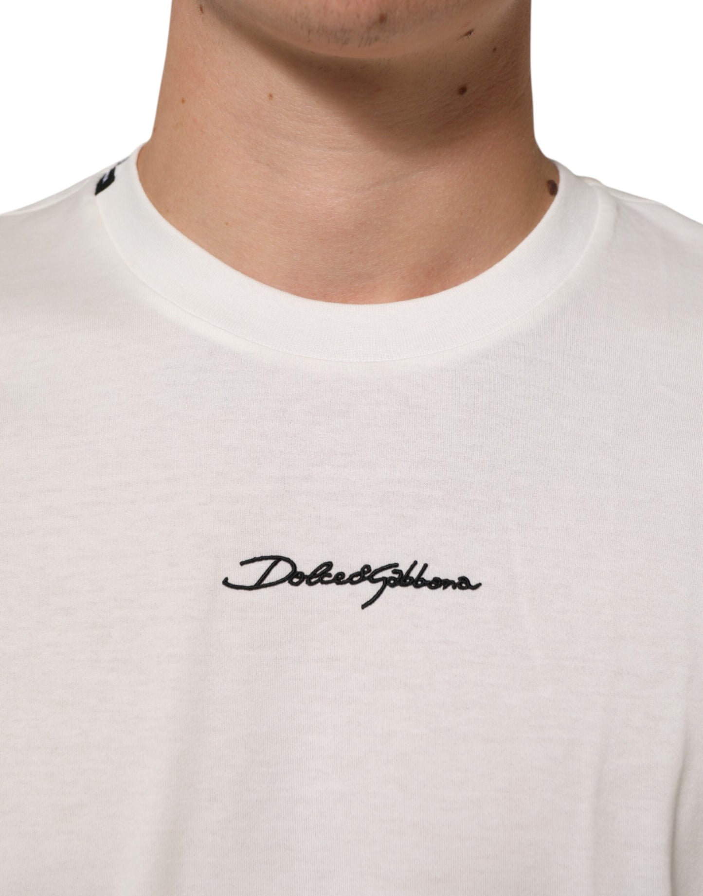 Dolce &amp; Gabbana – Weißes Herren-T-Shirt mit Rundhalsausschnitt und Logo-Print aus Baumwolle