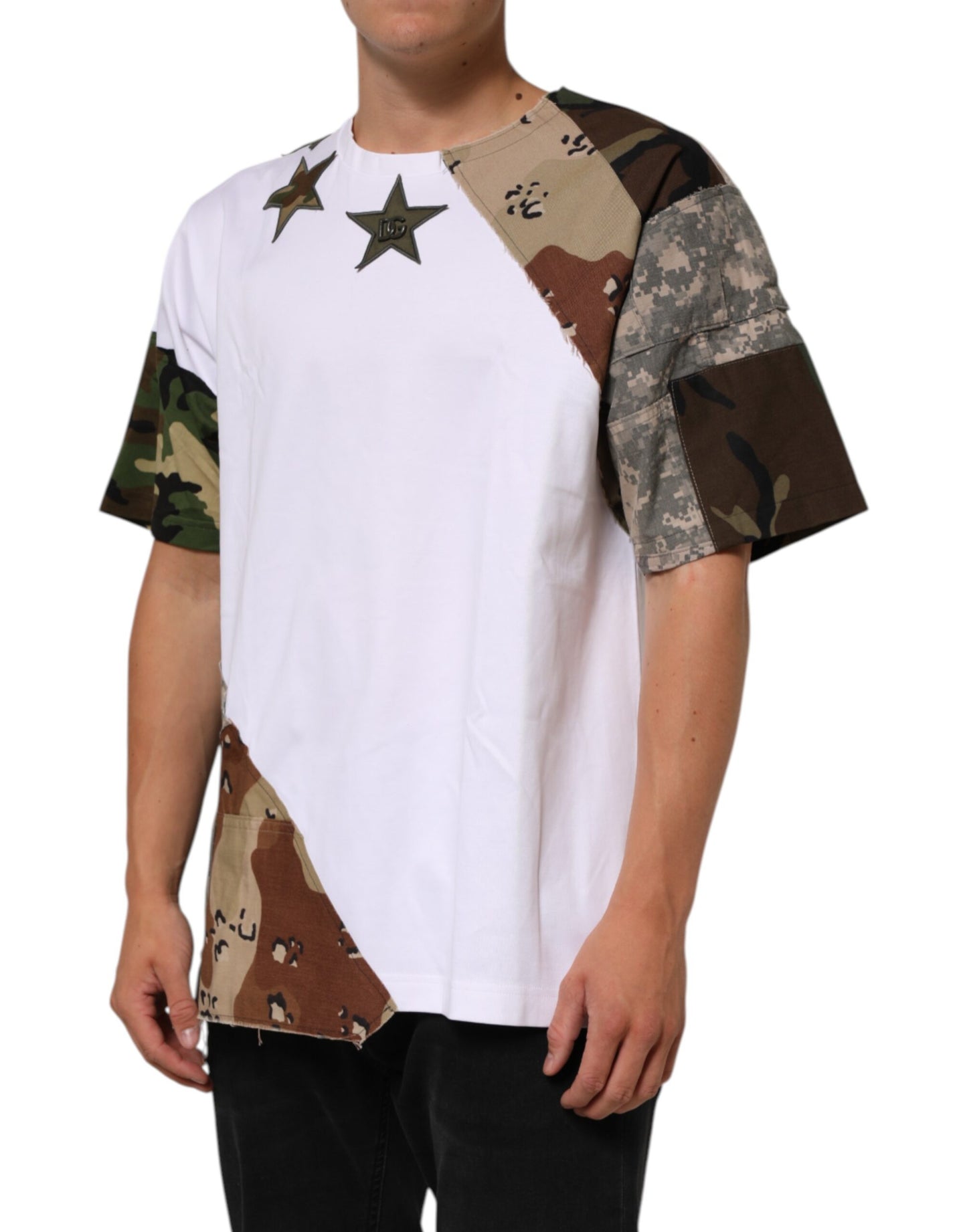 Dolce &amp; Gabbana Weißes Camouflage-Patckwork-T-Shirt aus Baumwolle für Herren