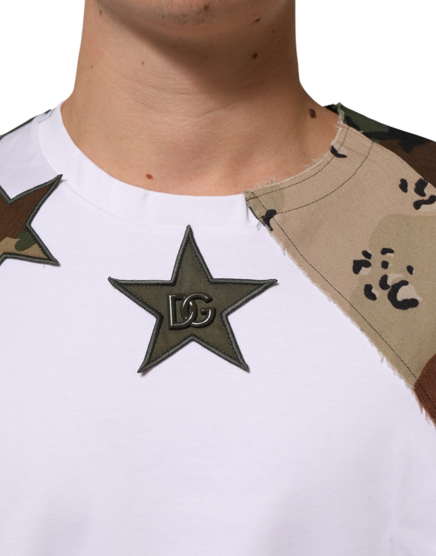 Dolce &amp; Gabbana Weißes Camouflage-Patckwork-T-Shirt aus Baumwolle für Herren