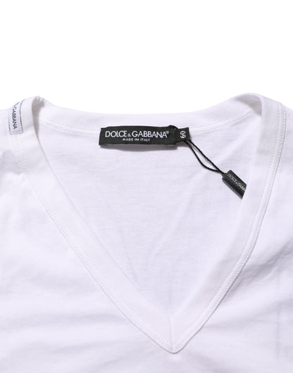 Dolce &amp; Gabbana – Weißes T-Shirt aus Baumwolle mit V-Ausschnitt und kurzen Ärmeln