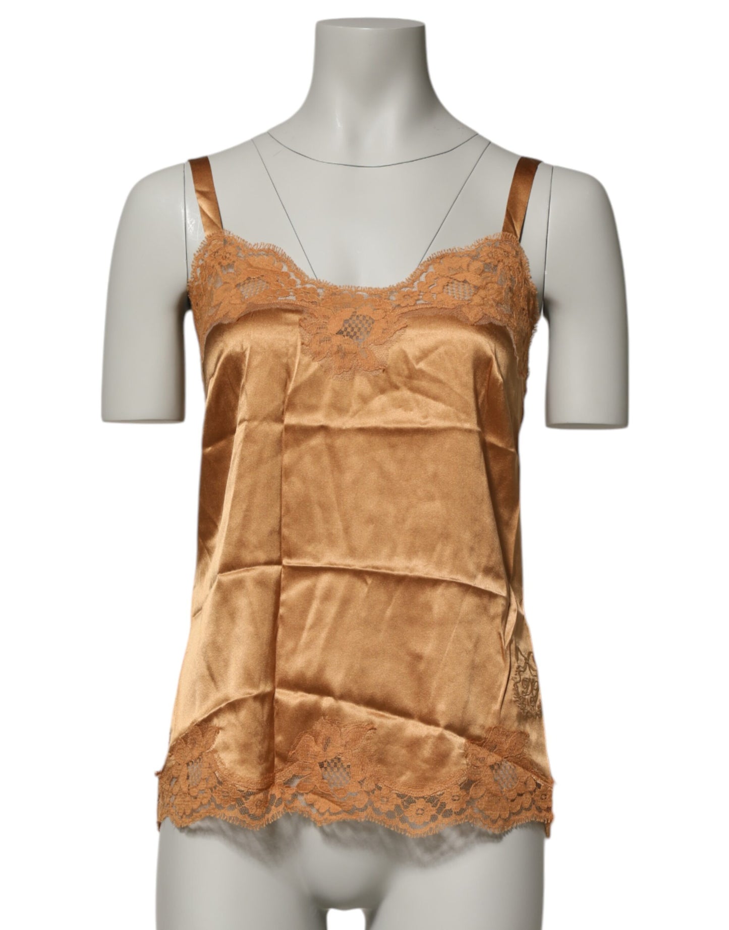 Dolce &amp; Gabbana – Tanktop aus Seidensatin mit Blumenspitze in Braun
