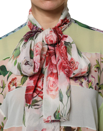 Dolce &amp; Gabbana, mehrfarbiges Seidentop mit Ascot-Kragen und Blumen-Patchwork