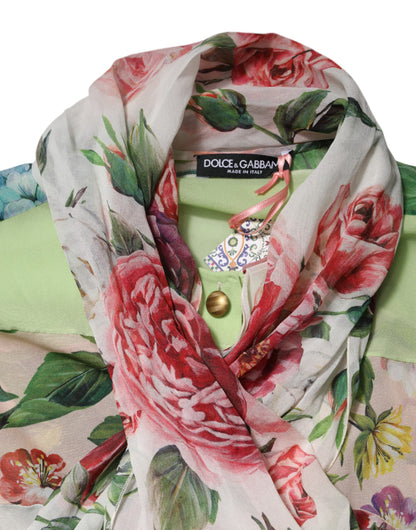 Dolce &amp; Gabbana, mehrfarbiges Seidentop mit Ascot-Kragen und Blumen-Patchwork