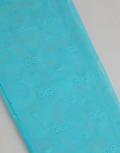 Dolce &amp; Gabbana Hellblaue Nylon-Leggings mit Logo und Spitze, Unterwäsche