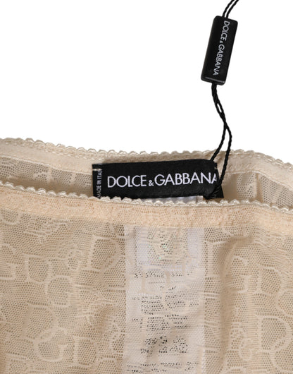 Dolce &amp; Gabbana – Beigefarbene Slip-Unterhose mit DG-Logo und Spitze in mittlerer Taille