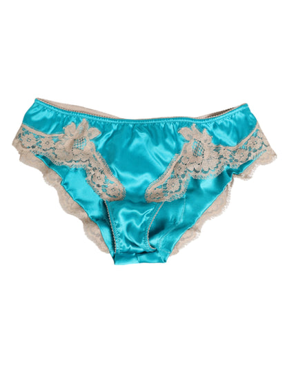 Dolce &amp; Gabbana, blauer Seidensatin, floraler Spitzenbesatz, neuer Slip