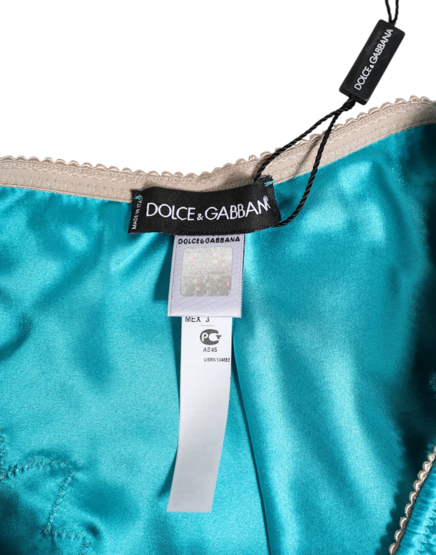 Dolce &amp; Gabbana, blauer Seidensatin, floraler Spitzenbesatz, neuer Slip