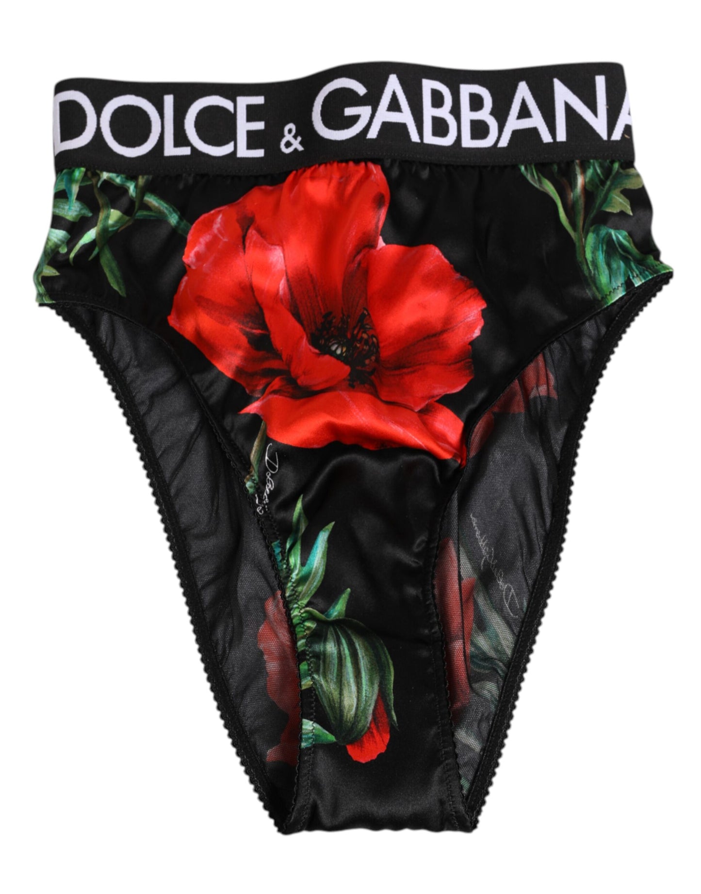 Dolce &amp; Gabbana – Schwarze Seiden-Höschen mit Blumenmuster und hoher Taille