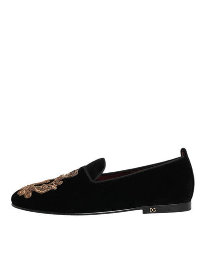 Dolce &amp; Gabbana Herren-Loafer aus schwarzem Samt mit goldener Krone