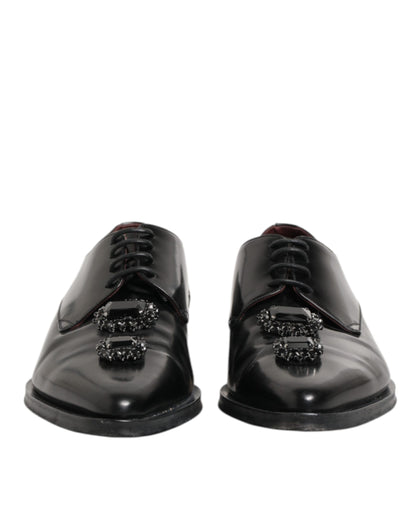 Dolce & Gabbana Black Leather Jeweled Crystals Derby Shoes