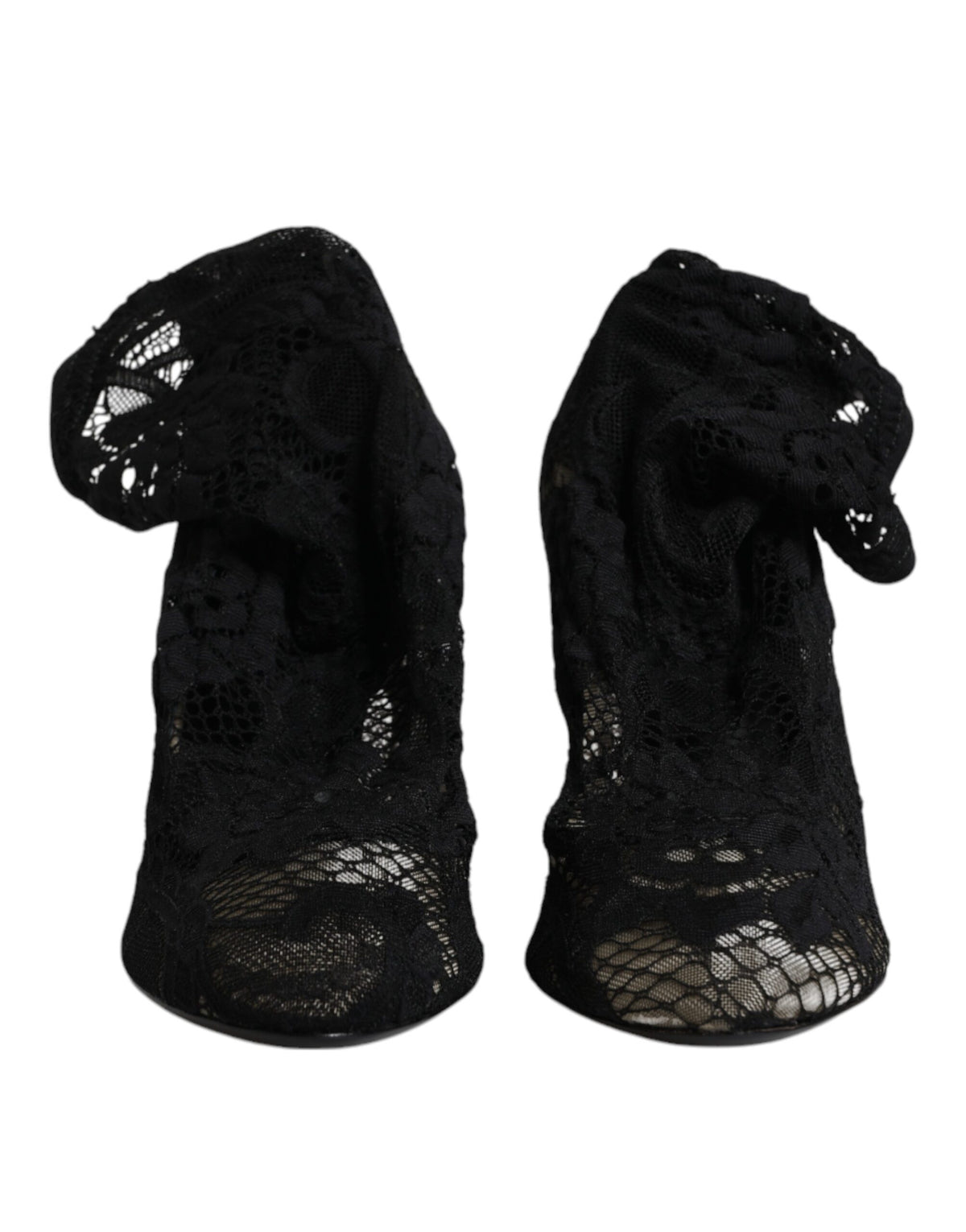 Dolce &amp; Gabbana – Schwarze, wadenhohe Stiefel mit Stretch-Absatz aus Spitze