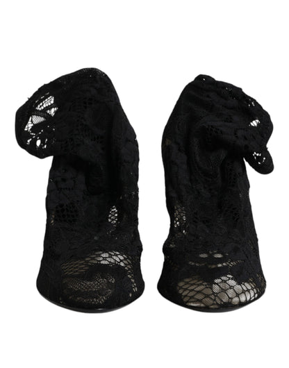 Dolce &amp; Gabbana – Schwarze, wadenhohe Stiefel mit Stretch-Absatz aus Spitze