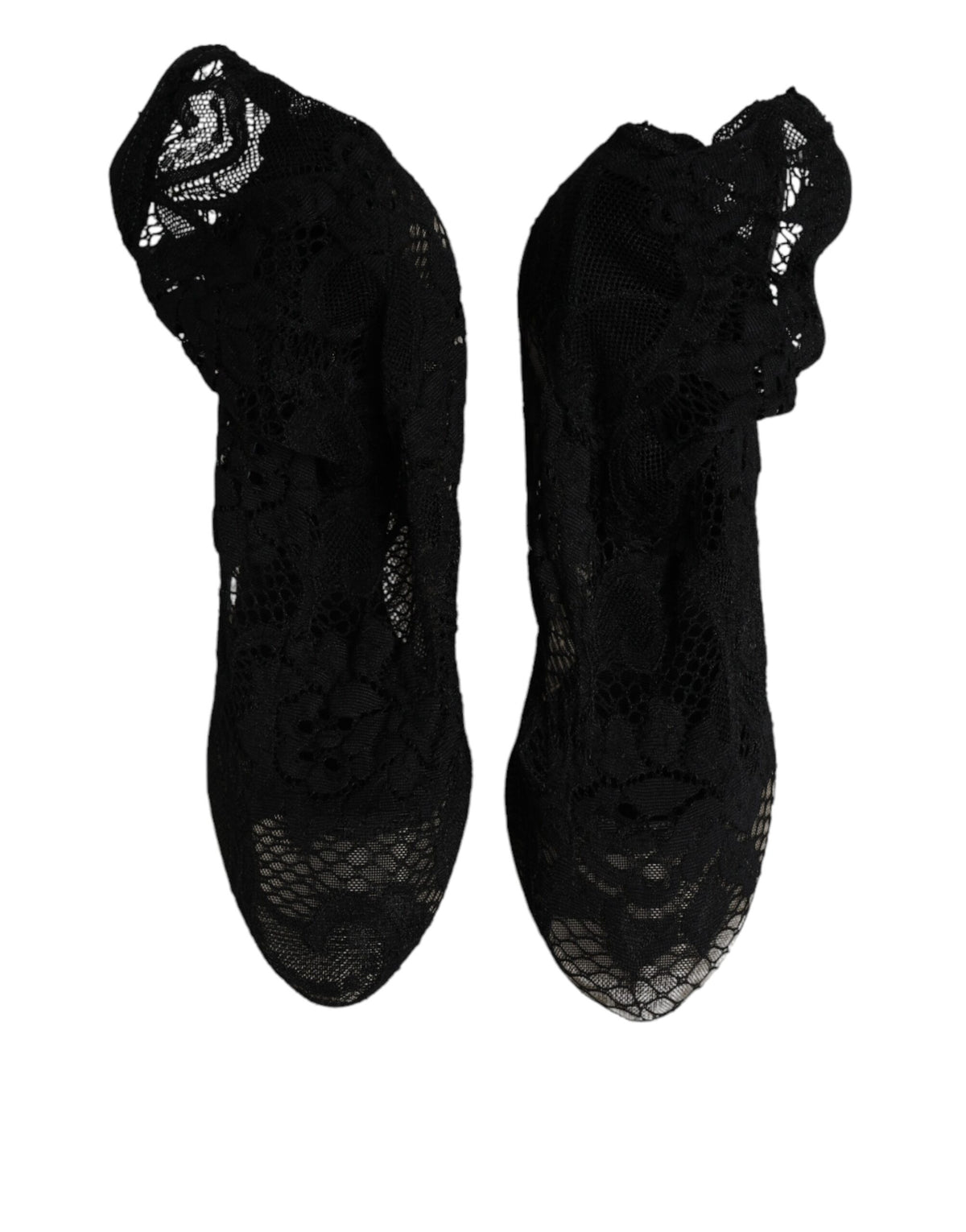 Dolce &amp; Gabbana – Schwarze, wadenhohe Stiefel mit Stretch-Absatz aus Spitze