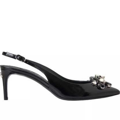 Dolce &amp; Gabbana – Slingback-Schuhe aus schwarzem Lackleder mit Kristallen