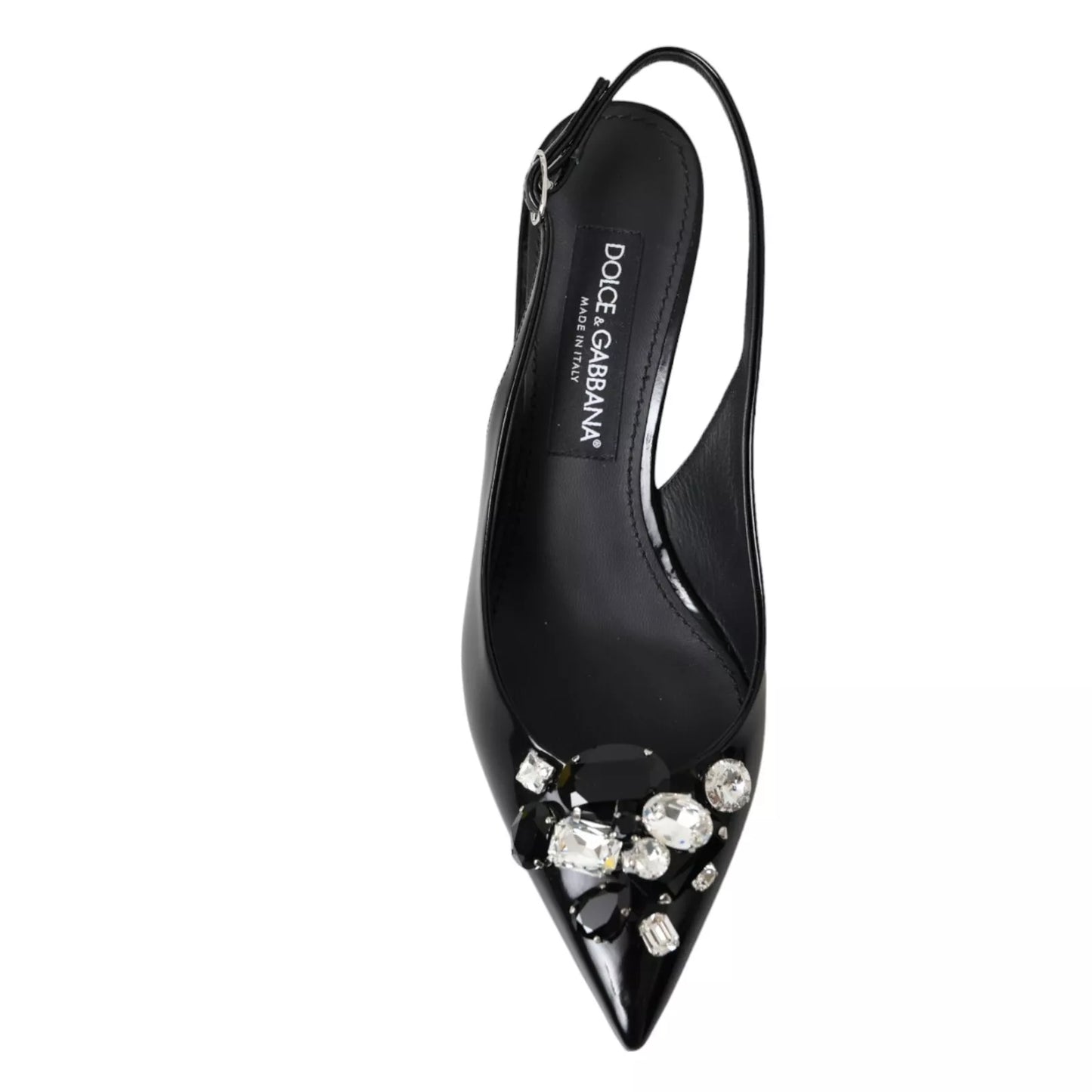 Dolce &amp; Gabbana – Slingback-Schuhe aus schwarzem Lackleder mit Kristallen