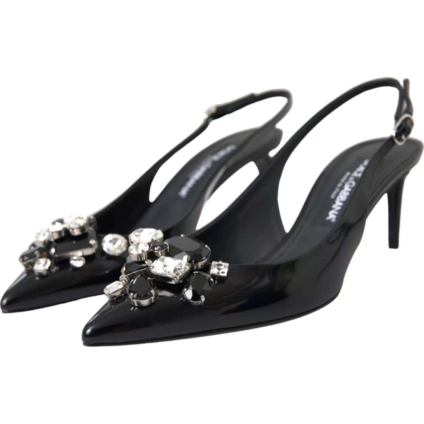 Dolce &amp; Gabbana – Slingback-Schuhe aus schwarzem Lackleder mit Kristallen
