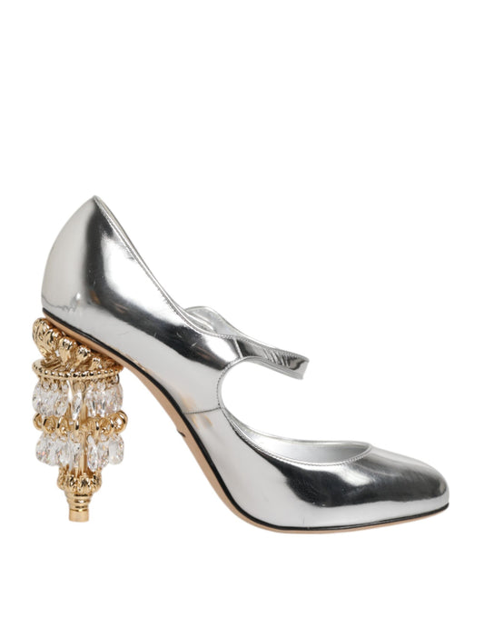 Dolce & Gabbana – Silberne Mary-Jane-Pumps mit geformtem Absatz und Chandelier-Absatz
