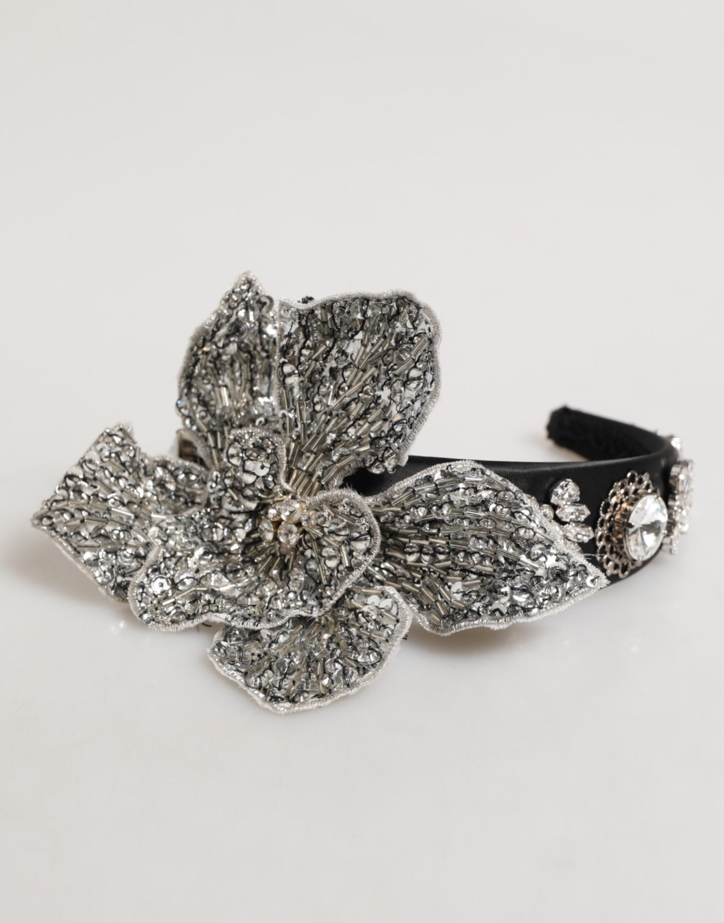 Dolce &amp; Gabbana Schwarzes Haarblumen-Kristall-LIMONI-Damen-Stirnband-Diadem